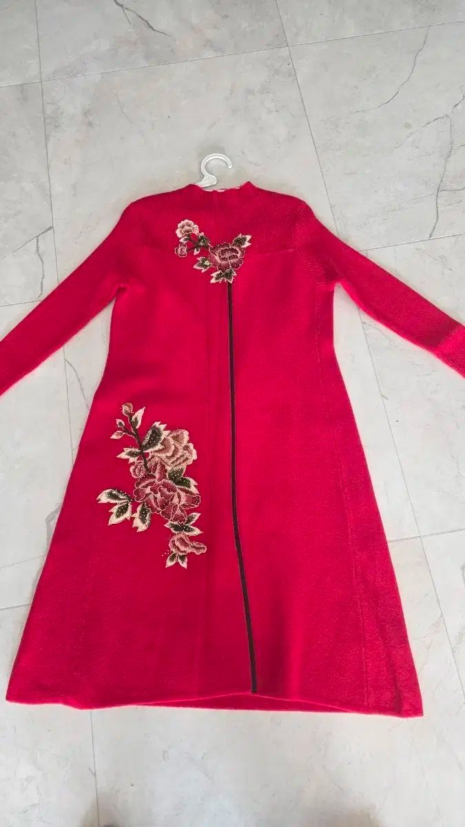 レッド 花 刺繍 Long ロング ニット ONE PIECE