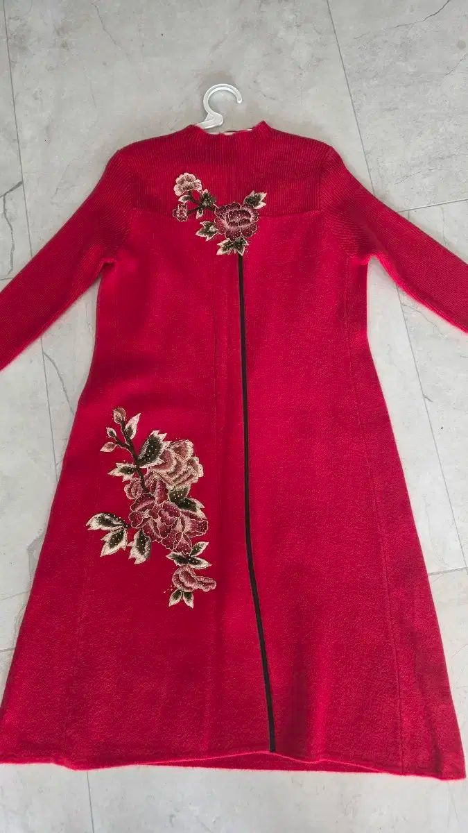 レッド 花 刺繍 Long ロング ニット ONE PIECE