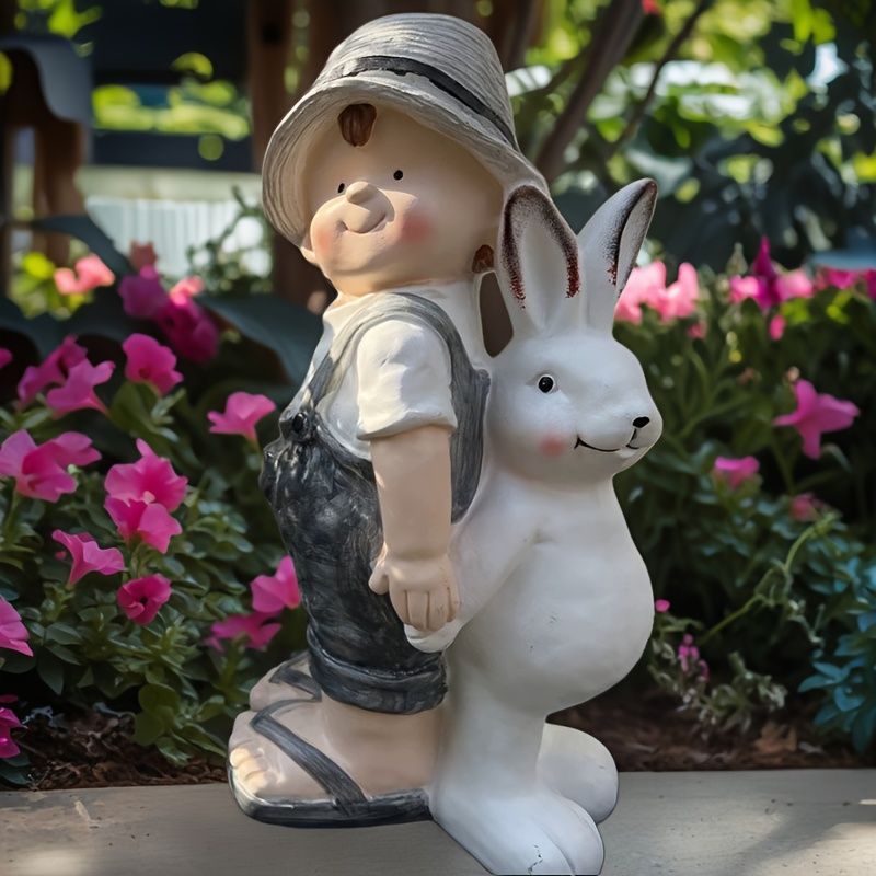 置物 オブジェ ガーデンオーナメント 少年とウサギ うさぎ ラビット 屋外 屋内 室内 インテリア 玄関 リビング ダイニング 装飾 庭 ガーデニング ガーデン ギフト インテリア用品 贈り物 雑貨 樹脂