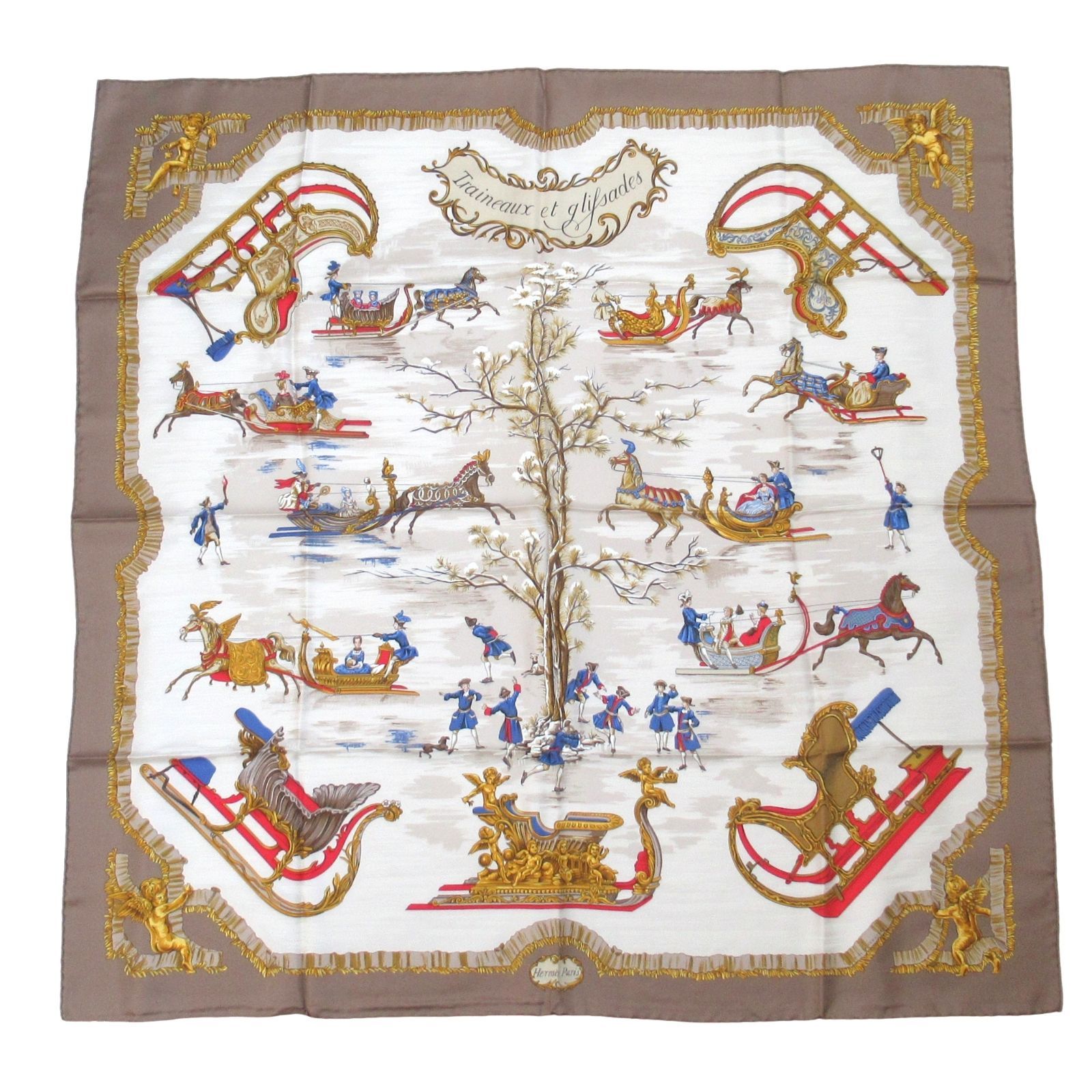 HERMES エルメス カレ90 スカーフTraineaux et glifsades ソリとスケート シルク100％ ブラウン フランス製 rk10066