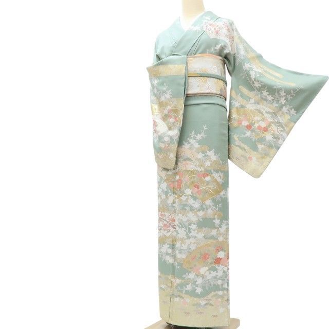 ☆専用☆美品 金駒刺繡 作家物落款 着物“菊や橘、松竹梅”訪問着 L-91 百華❀Y3967◇正絹 金駒刺繍 手縫い仕立て 松竹梅 桜 橘 訪問着 着物