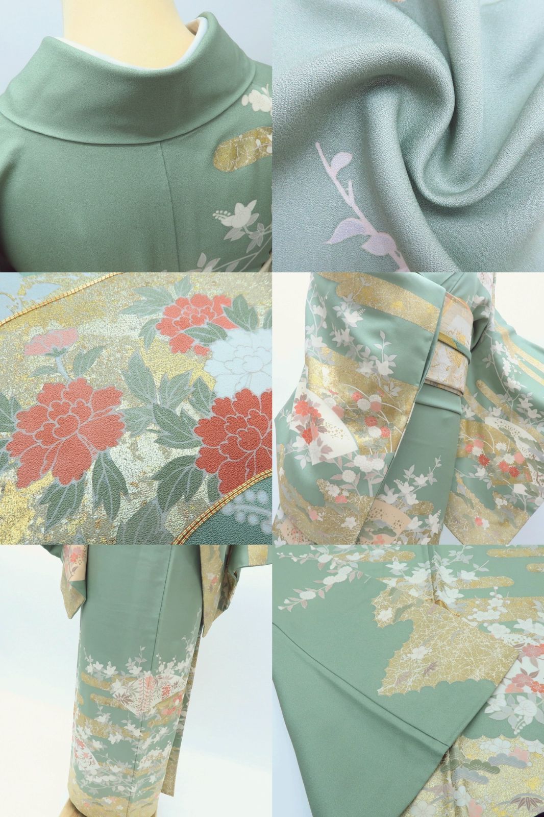 ☆専用☆美品 金駒刺繡 作家物落款 着物“菊や橘、松竹梅”訪問着 L-91 百華❀Y3967◇正絹 金駒刺繍 手縫い仕立て 松竹梅 桜 橘 訪問着 着物