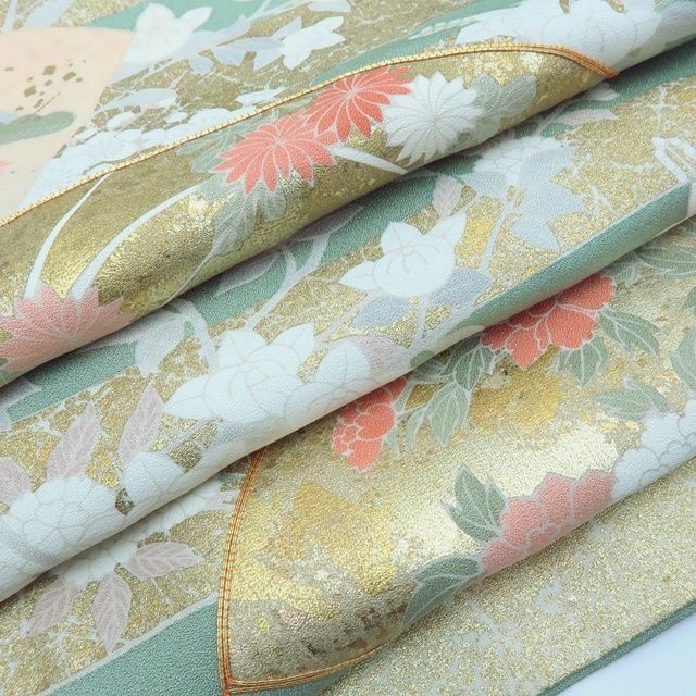 ☆専用☆美品 金駒刺繡 作家物落款 着物“菊や橘、松竹梅”訪問着 L-91 百華❀Y3967◇正絹 金駒刺繍 手縫い仕立て 松竹梅 桜 橘 訪問着 着物