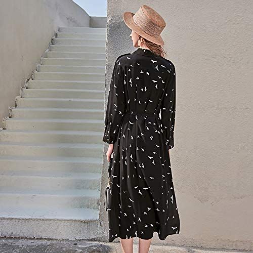  CISULI 100％桑絹ちりめんロングドレス クラシックブラック 女性のシャツドレス 鳥プリント柄 夏秋長袖ドレス 01 XXL その他 フェイスケア