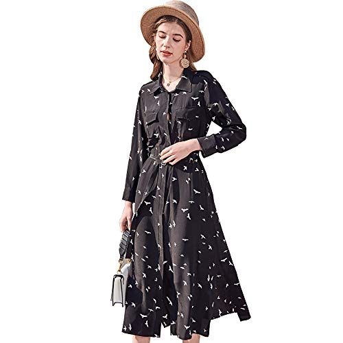 CISULI 100％桑絹ちりめんロングドレス クラシックブラック 女性のシャツドレス 鳥プリント柄 夏秋長袖ドレス 01 XXL