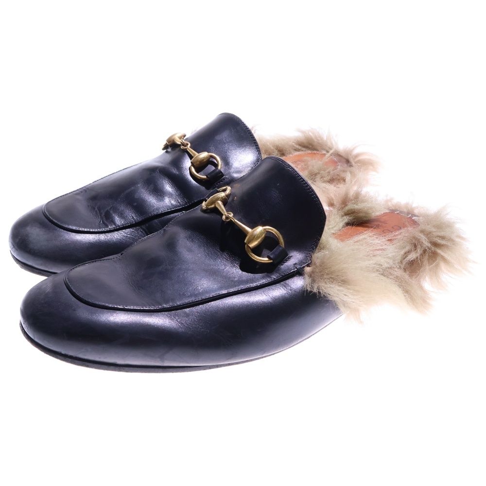 GUCCI グッチ プリンスタウン ホースビット ファースリッポン サンダル レザー ブラック
