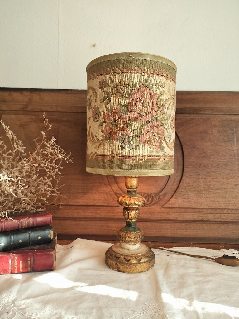 フランス アンティーク 卓上ランプ 木製 布シェード つき 付き 照明