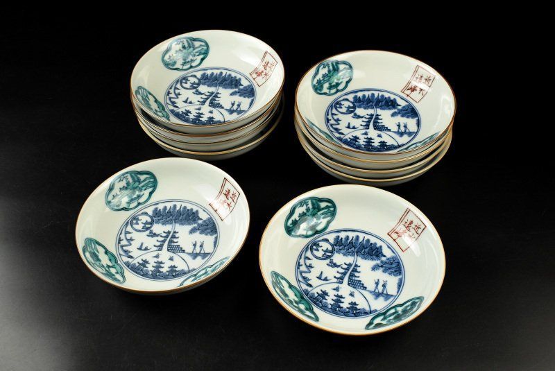 蔵C 9187 b 1 染付楼閣文 宗豊 平向付 なます皿 十客