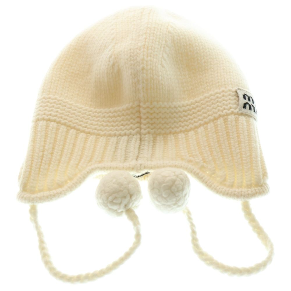miumiu ミュウミュウ 24 AW ロゴジャガード カシミヤ混 ウールニット キャップ ポンポン ビーニー 帽子 ホワイト 5 HC 324