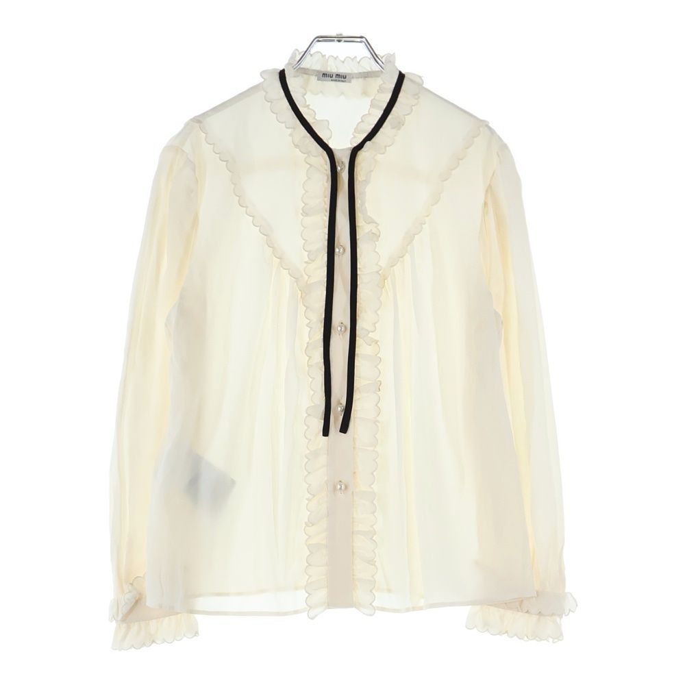 miumiu ミュウミュウ 20SS パールボタン リボン シルク フリル 長袖シャツ ブラウス アイボリー ベージュ レディース MK1475