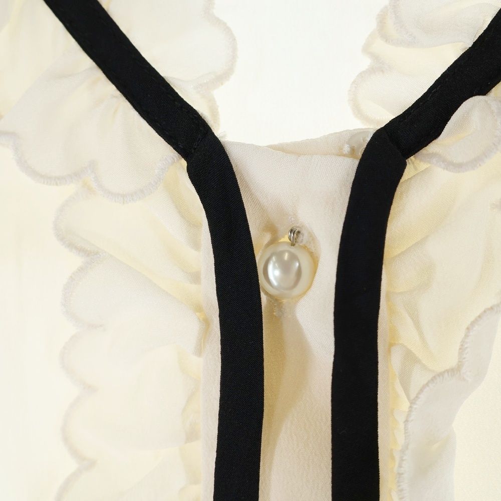  miumiu ミュウミュウ 20 SS パールボタン リボン シルク フリル 長袖シャツ ブラウス アイボリー ベージュ レディース MK 1475 長袖 Tシャツ カットソー