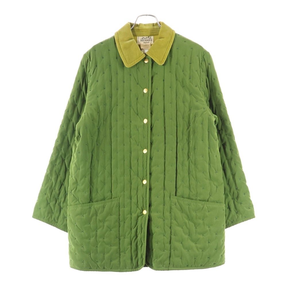HERMES エルメス Paddock Coat パドック コート ベロア ベルベット キルティング 中綿 スナップボタン ジャケット グリーン