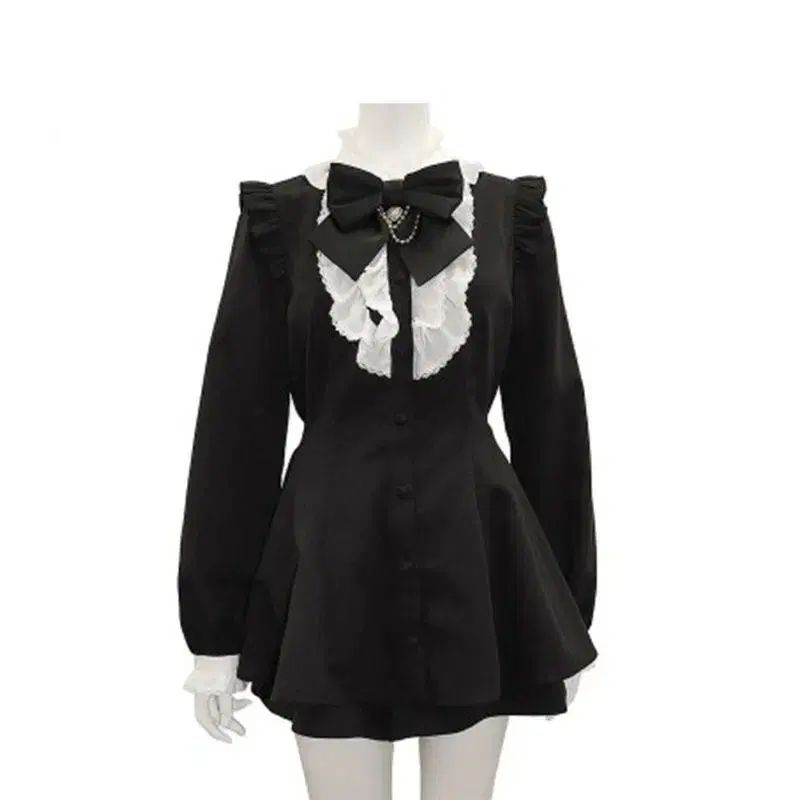 地雷系 ブラック リボン フリル ブラウス シャツ セットアップ