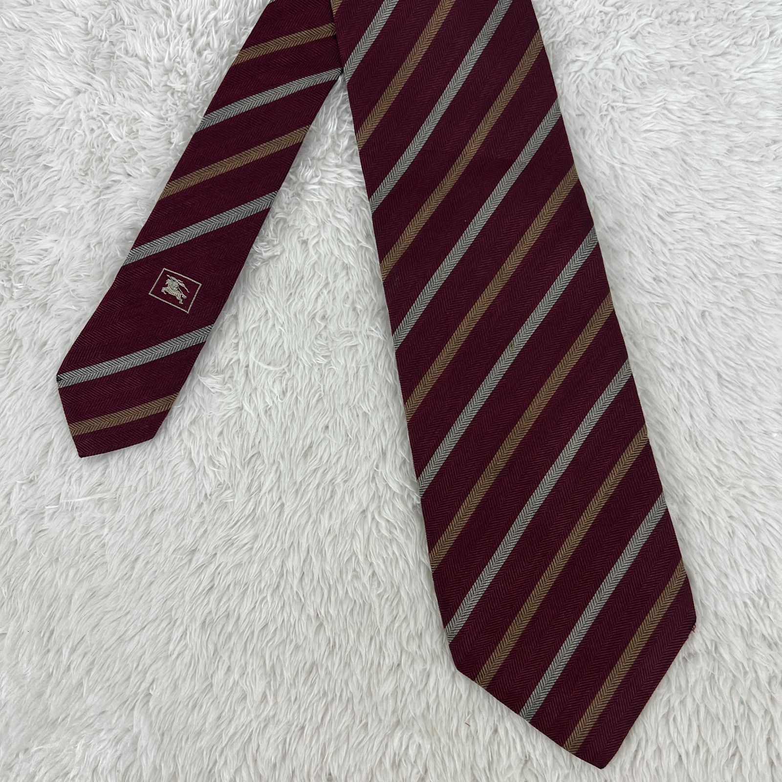 訳アリ》Burberry (バーバリー) シルクネクタイ ストライプ 刺繍ロゴ