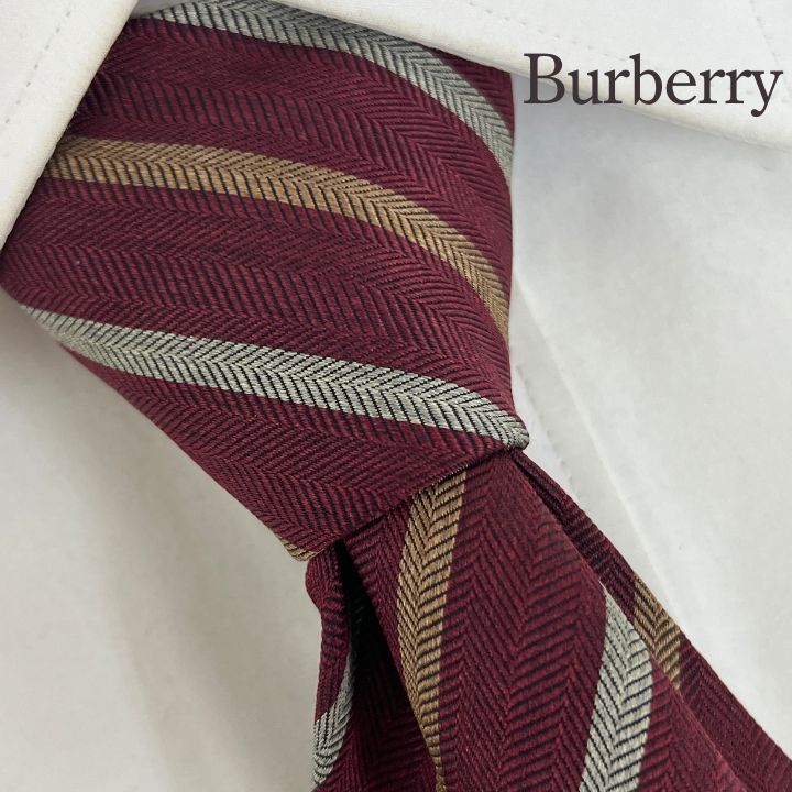 訳アリ》Burberry (バーバリー) シルクネクタイ ストライプ 刺繍ロゴ