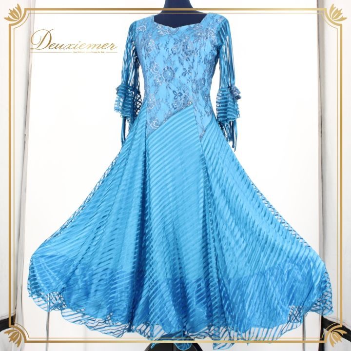 社交ダンス 衣装 ドレス ワンピース パーティ衣装 女性用 レディース オールシーズン 青 水色 prima boutique プリマブティック ブルー系 ラインストーン 花柄レース 伸縮性 洗練 袖口リボン 感 ドレープ感 カジュアル