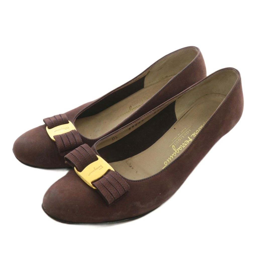 サルヴァトーレフェラガモ Salvatore Ferragamo ヴァラ VARA パンプス スエード ラウンドトゥ ローヒール リボン ロゴ 6 5 23 cm ボルドー XZ GY 18