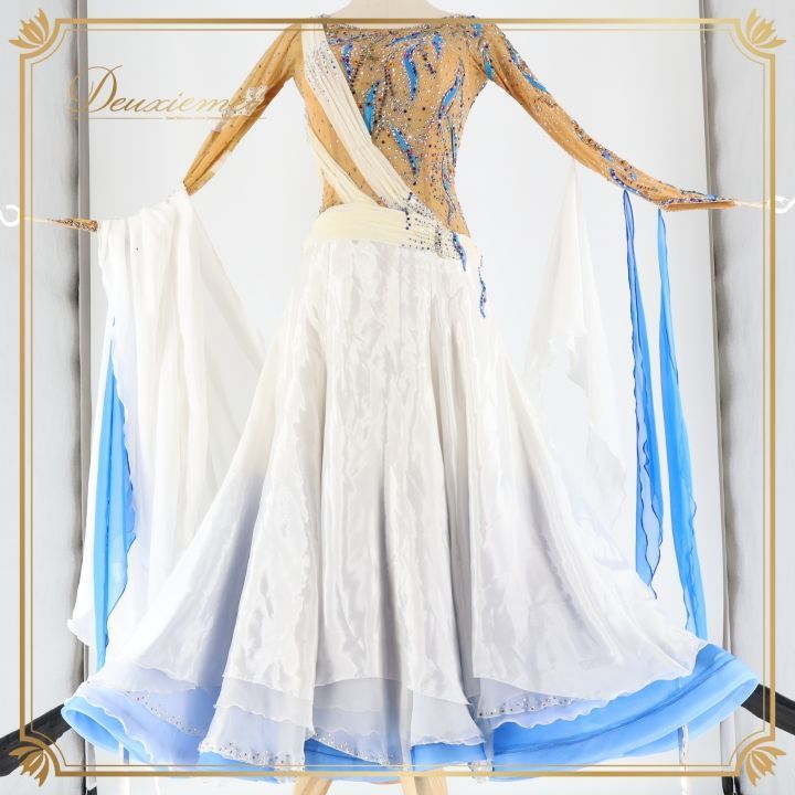 社交ダンス 衣装 ドレス ワンピース ドレス 白 青 フロート デモ 競技 ダンス パーティ 発表会 ホワイト系 ブルー系 上品 ダンスステージ 競技用