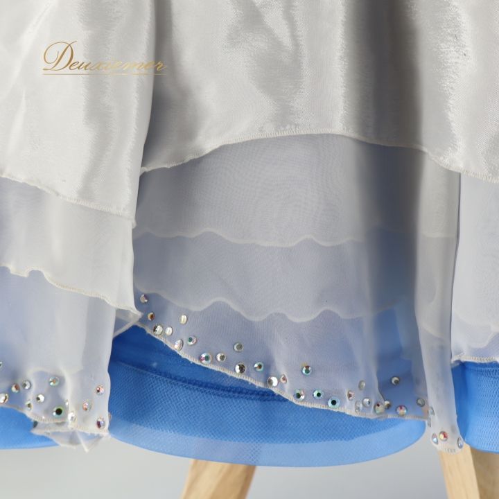 社交ダンス 衣装 ドレス ワンピース 白 青 フロート デモ 競技 ダンス パーティ 発表会 ホワイト系 ブルー系 上品 ダンスステージ 競技用