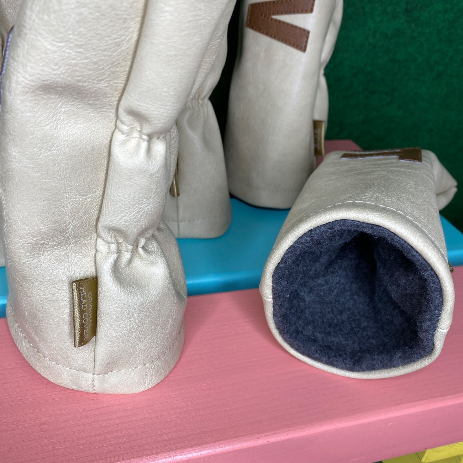 ハンドメイド【本革調フェイクレザー / レザーアイボリー】ヘッドカバー ゴルフ ハンドメイド【本革調フェイクレザー / レザーアイボリー（丸
