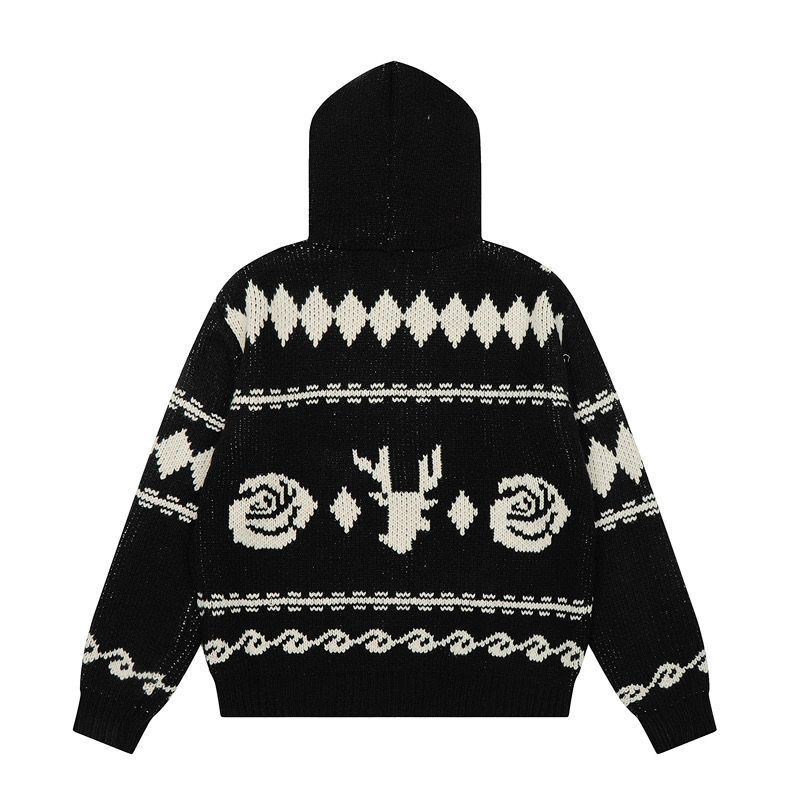 美式ヴィンテージ 小鹿×ローズ刺繍デザイン ユニセックス ニットジップパーカー