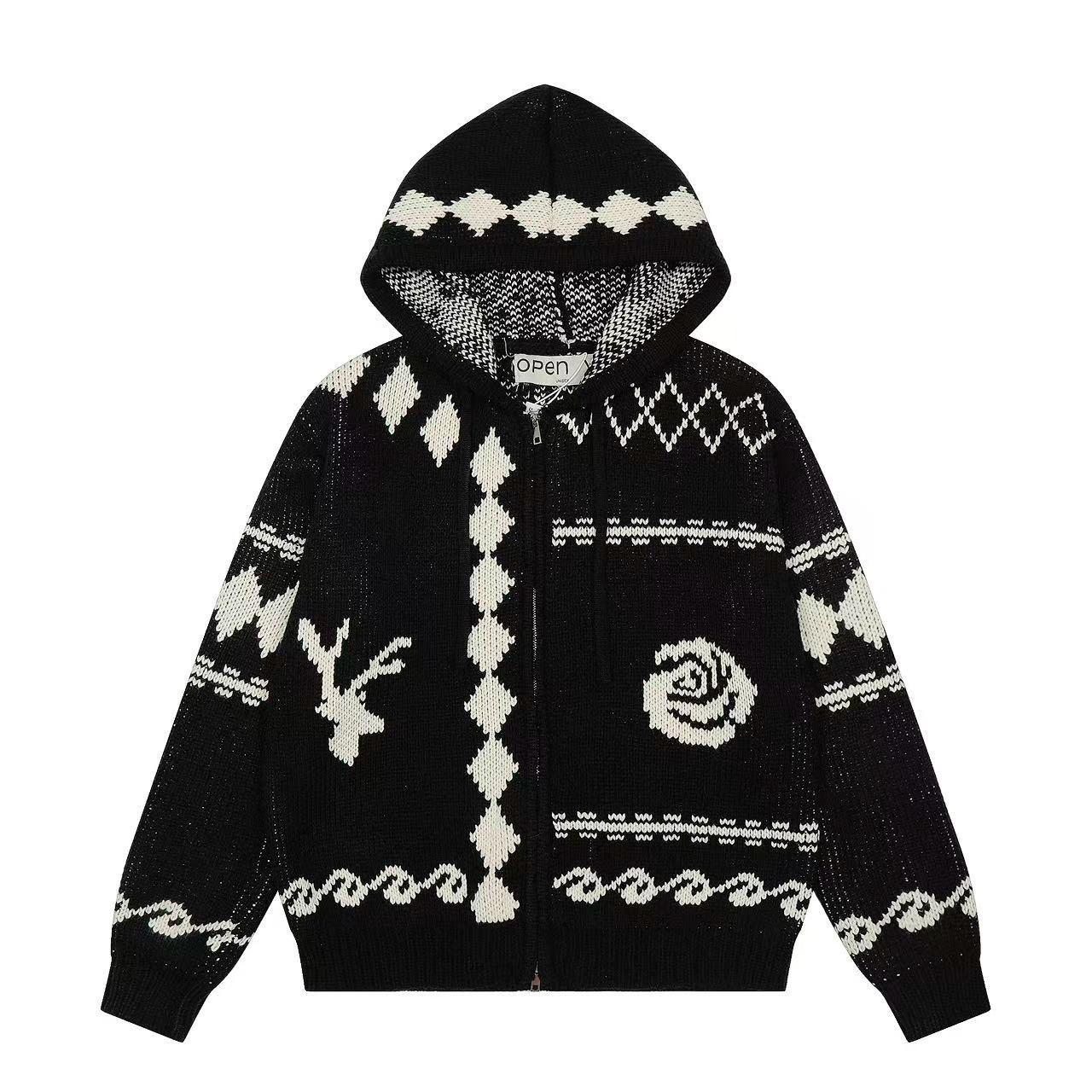 美式ヴィンテージ 小鹿×ローズ刺繍デザイン ユニセックス ニットジップパーカー