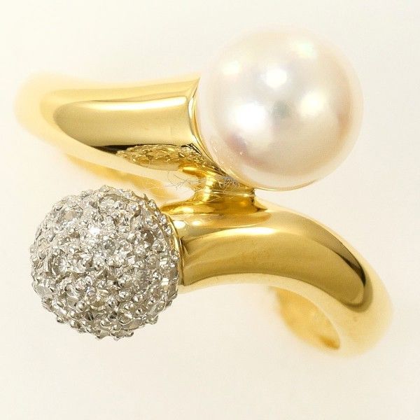 PT900 K18YG リング ring 指輪 11号 パール 真珠 約7mm ダイヤ 総重量約4.2g