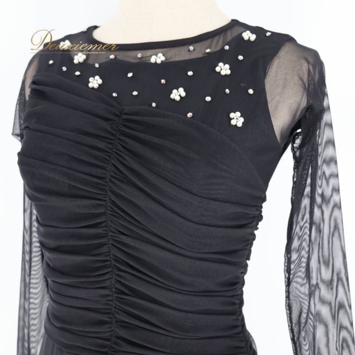 社交ダンス 衣装 ワンピース ドレス チャコット Chacott ブラック系 ラインストーン 黒 上品 長袖 透け感 感 花 白 かわいい パーティー 絞り ホワイト系