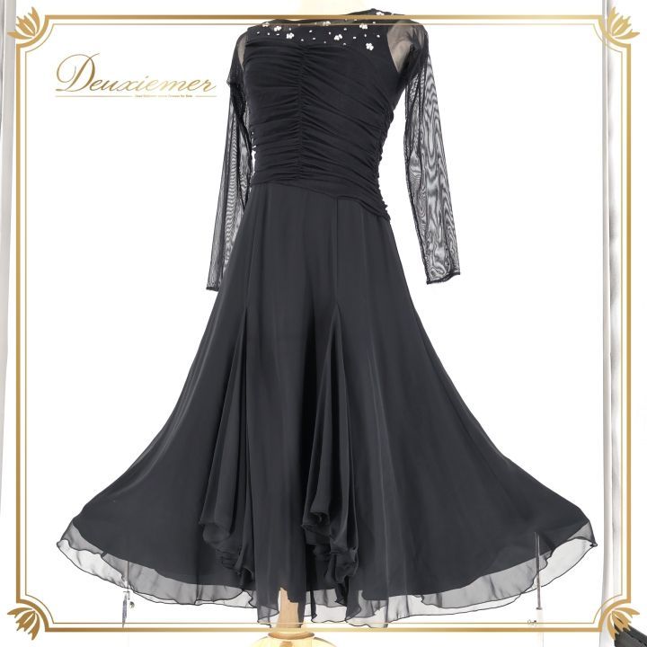 社交ダンス 衣装 ワンピース ドレス チャコット Chacott ブラック系 ラインストーン 黒 上品 長袖 透け感 感 花 白 かわいい ドレス パーティー 絞り ホワイト系