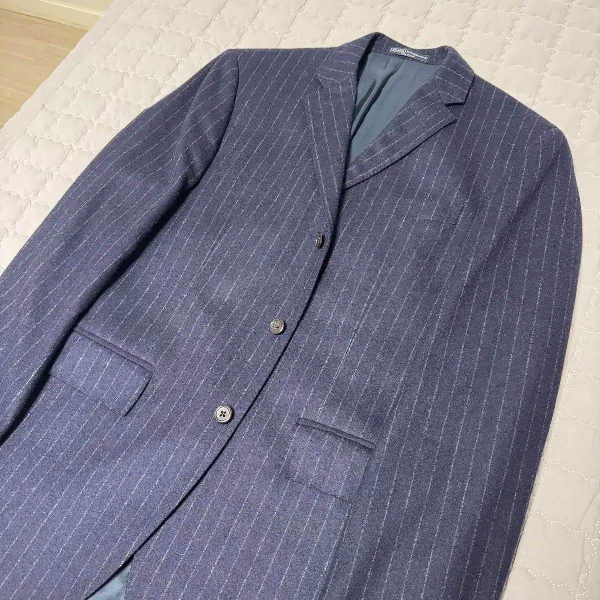 ポロラルフローレン ネイビー ウール カシミア フランネル ストライプ ブレザー ジャケット 40R