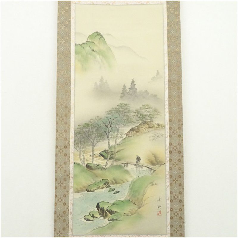 紫萌筆 彩色山水 肉筆絹本掛軸（共箱） 掛け軸 床の間 書 おしゃれ