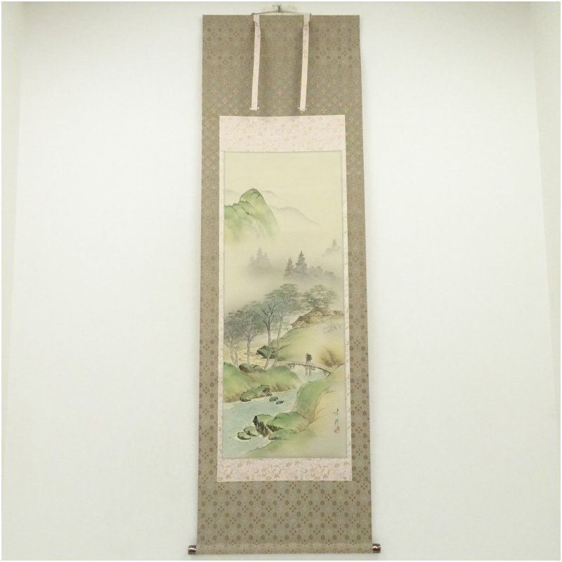 紫萌筆 彩色山水 肉筆絹本掛軸（共箱） 掛け軸 床の間 書 おしゃれ