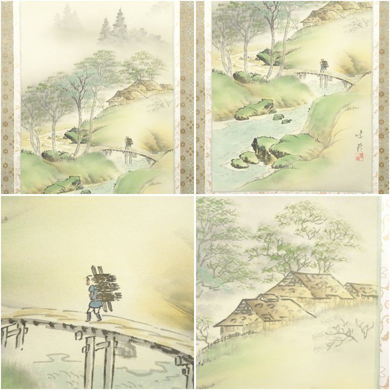 紫萌筆 彩色山水 肉筆絹本掛軸（共箱） 掛け軸 床の間 書 おしゃれ