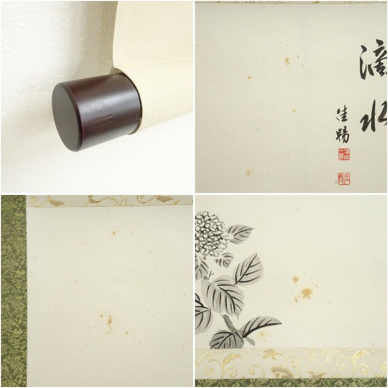 津田佳暢筆 「滴水」紫陽花画賛 肉筆紙本掛軸（共箱） 掛け軸 床の間