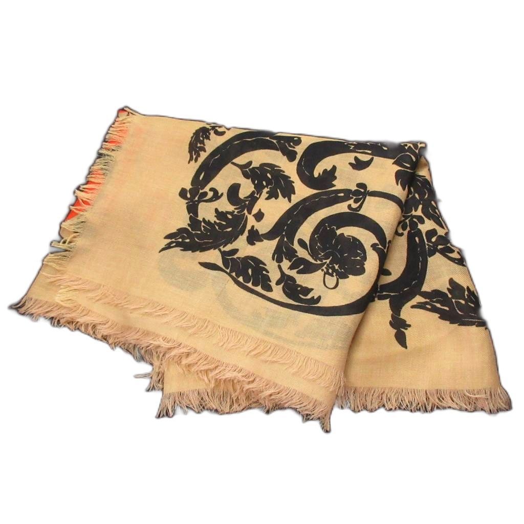 ロエベ LOEWE ボタニカルストール マフラー フリンジ プリント カシミア混 茶 ブラウン AA