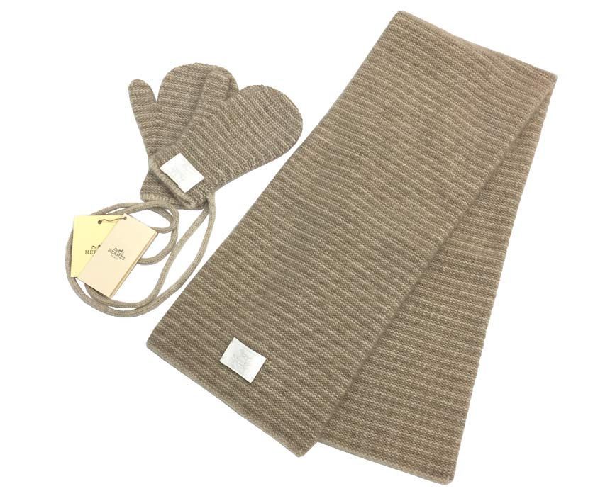 希少 HERMES エルメス ベビー キッズ マフラー＆手袋セット 101333M-03 カシミヤ ベージュ 箱付き 新古品 未使用品 aq5755