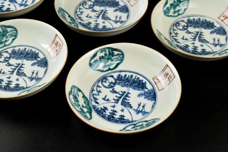 蔵C 9187 b 2 染付楼閣文 宗豊 平向付 なます皿 五客