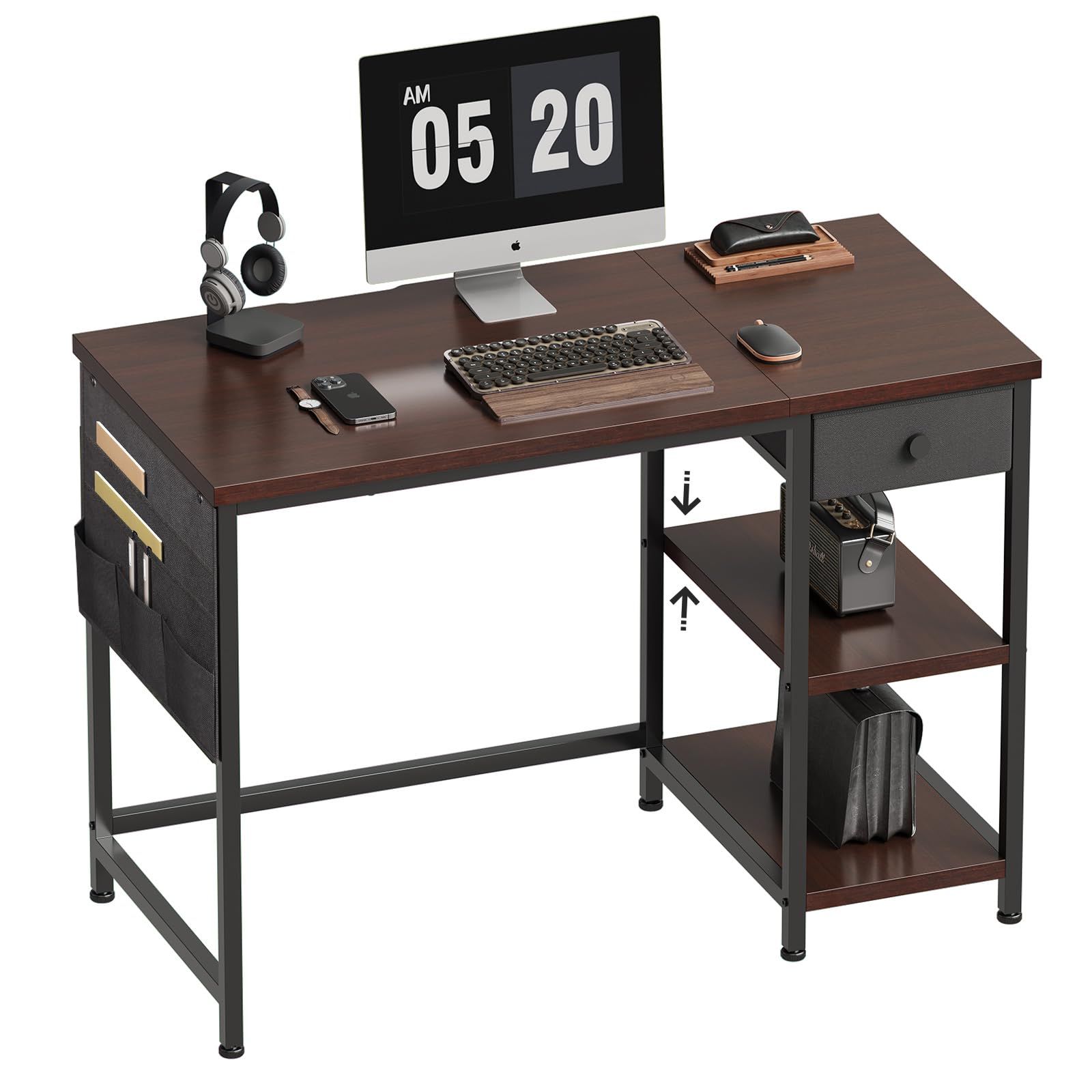 デスク 机 pcデスク パソコンデスク 幅100 cm 奥行48 布製引き出し付き つくえ 収納ラック付き 収納袋付き 勉強机 学習机 左右入替可 テレワーク 在宅勤務 ダークブラウン