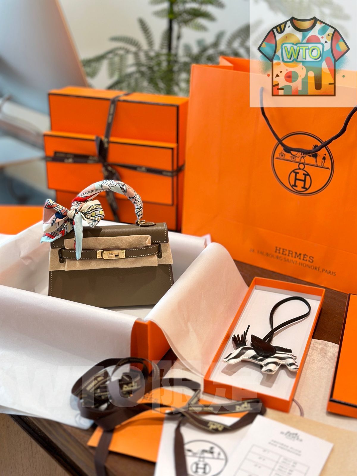 WTO通販 Herm s Mini Kelly 2 nd アップグレード レザー バッグ スカーフ ペガサスチャーム付き WTO輸入 FZI 30