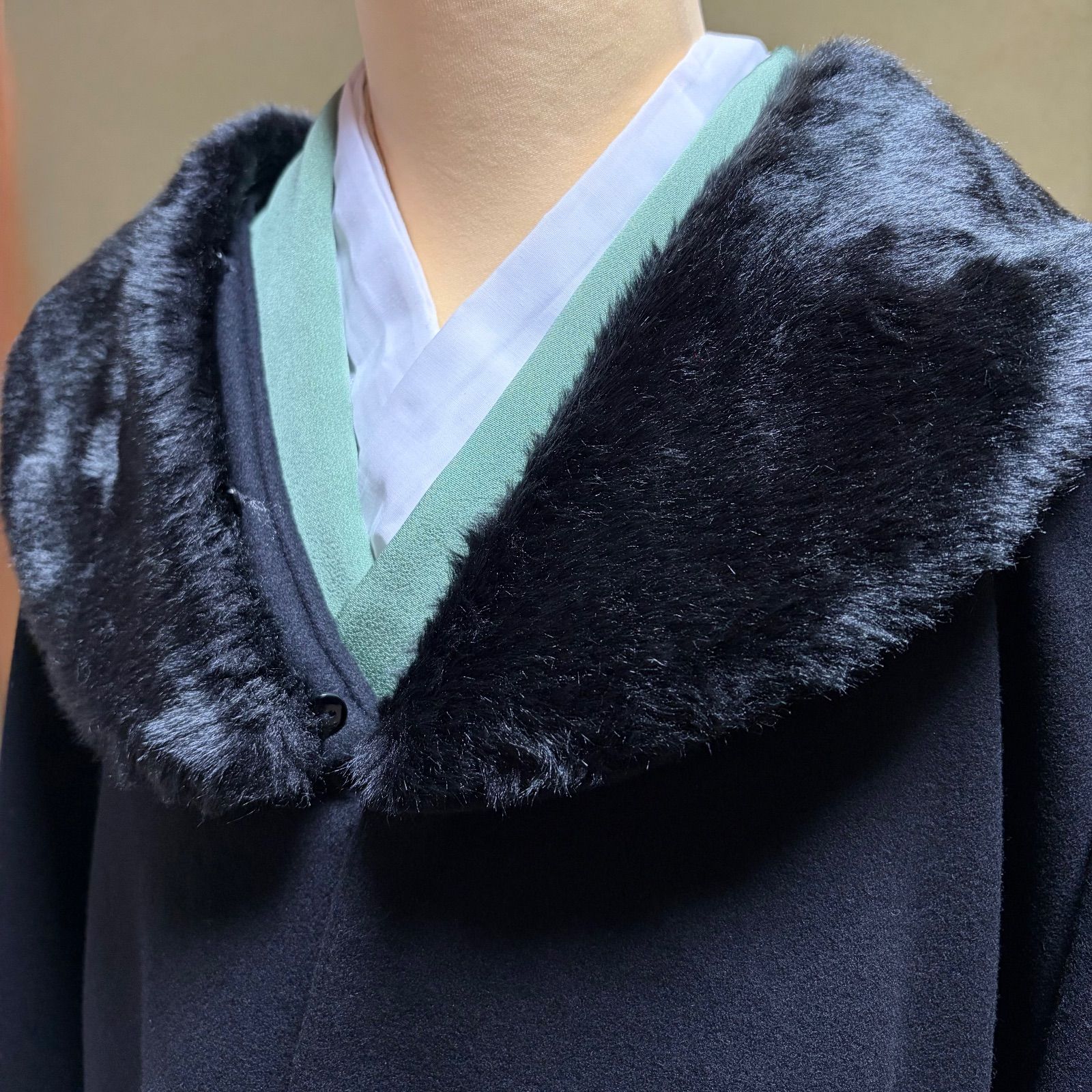 J 030 和装ケープコート マント 黒 ブラック へちま衿 ショール