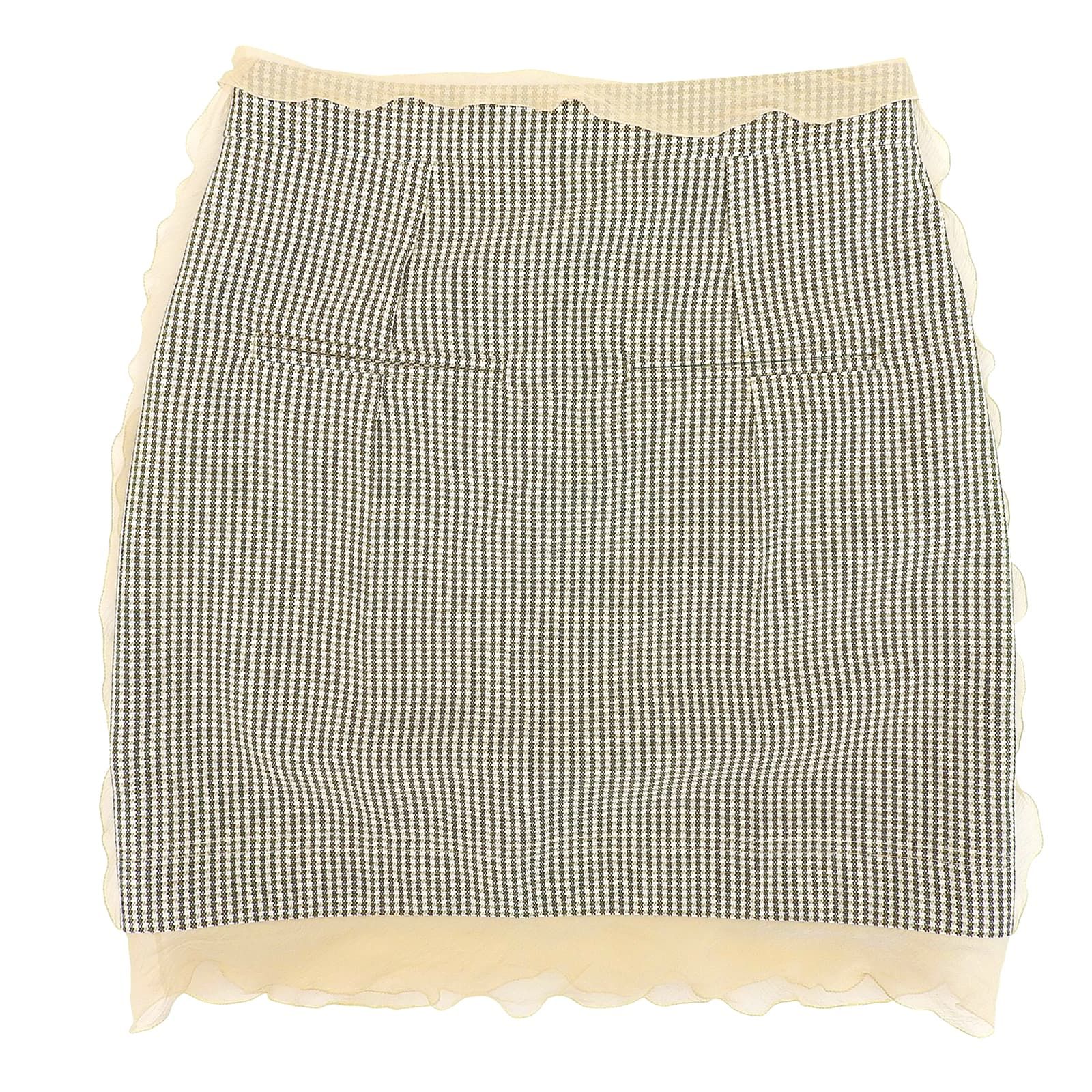 FENDI フェンディ 22年製 FQ7416 千鳥格子 シフォン使い ウールスカート ベージュ ブラウン 36 イタリア製 レディース