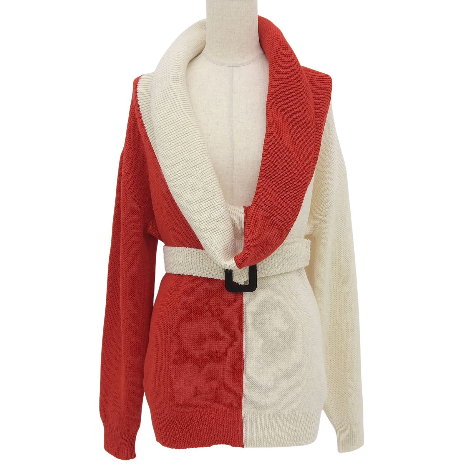 GUCCI グッチ 727145 ウール ウール バイ ボリュームネック ベルト付き ニット トップス レッド ホワイト M イタリア製 レディース