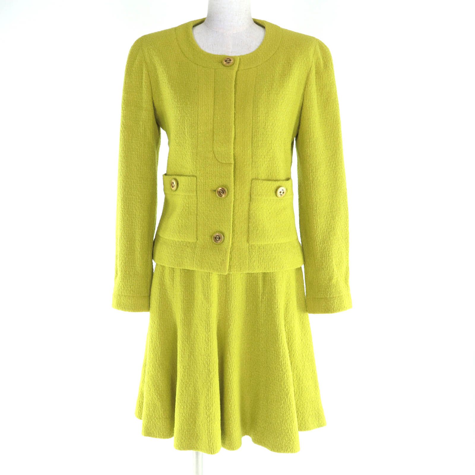 CHANEL シャネル ヴィンテージ ココマークボタン付 ツイード ジャケット フ スカート セットアップ スーツ ライトグリーン 36 フランス製 レディース