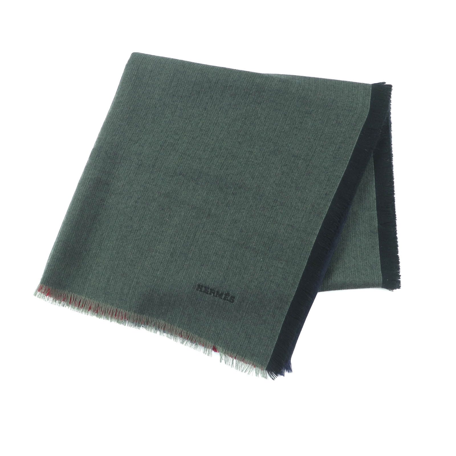 HERMES エルメス H583697 カレ120 カシミヤ シルク混 ROUGE MARINE KAKI ロゴ刺繍入り フリンジ付 大判 ショール ストール き 英国製 レディース