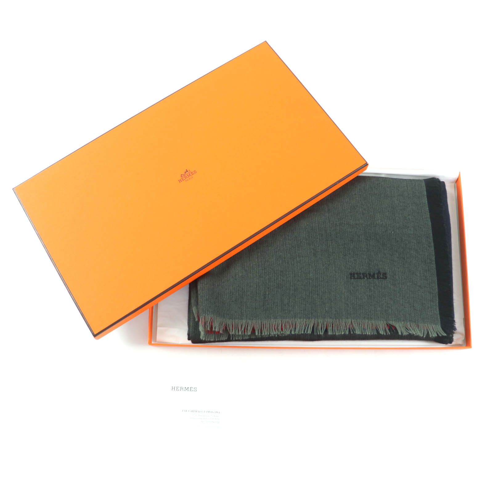 HERMES エルメス H 583697 カレ120 カシミヤ シルク混 ROUGE MARINE KAKI ロゴ刺繍入り フリンジ付 大判 ショール ストール き 英国製 レディース