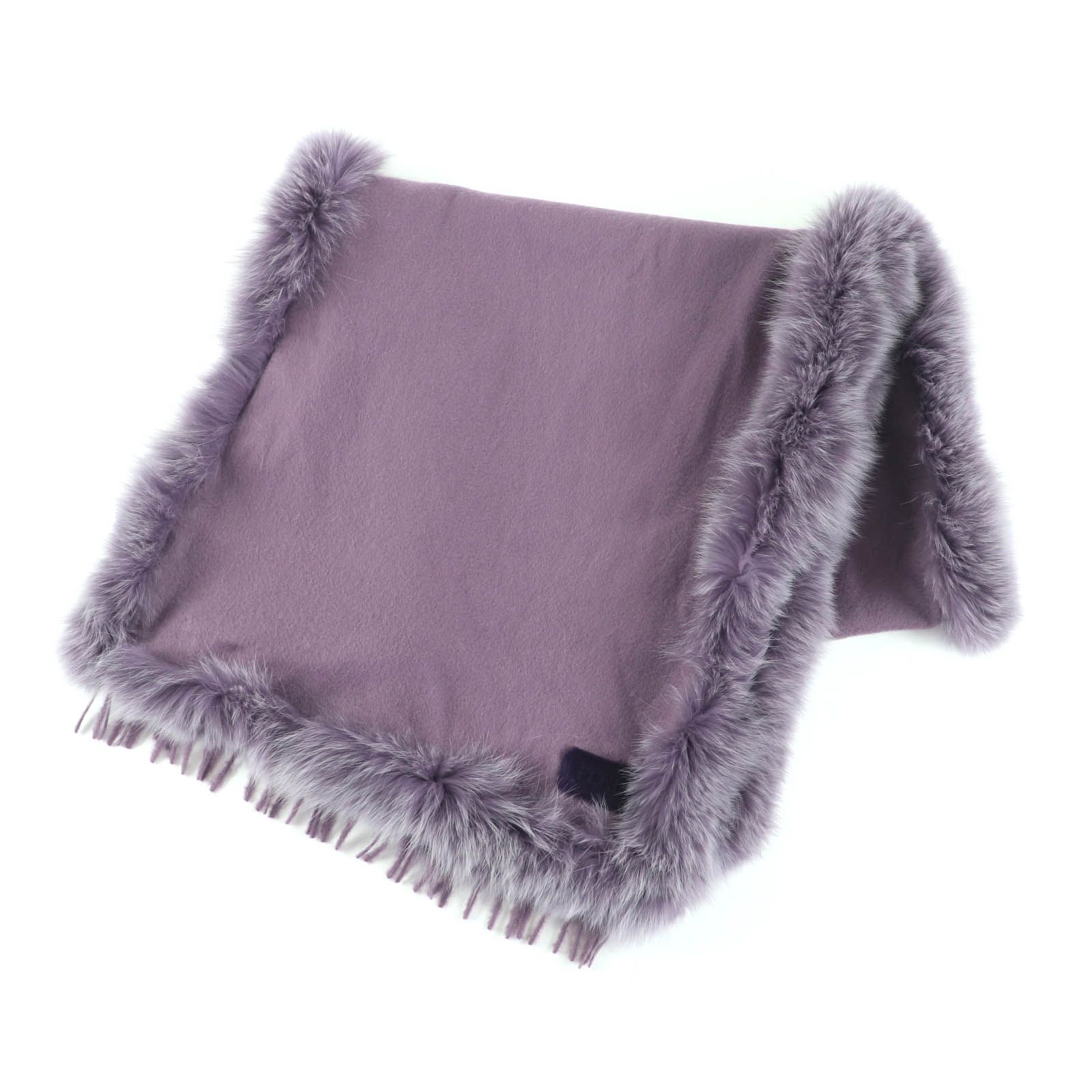 FENDI フェンディ カシミヤ ロゴワッペン付 FOXファートリミング フリンジ付 大判 ショール ストール パープル 保存袋付き イタリア製 レディース