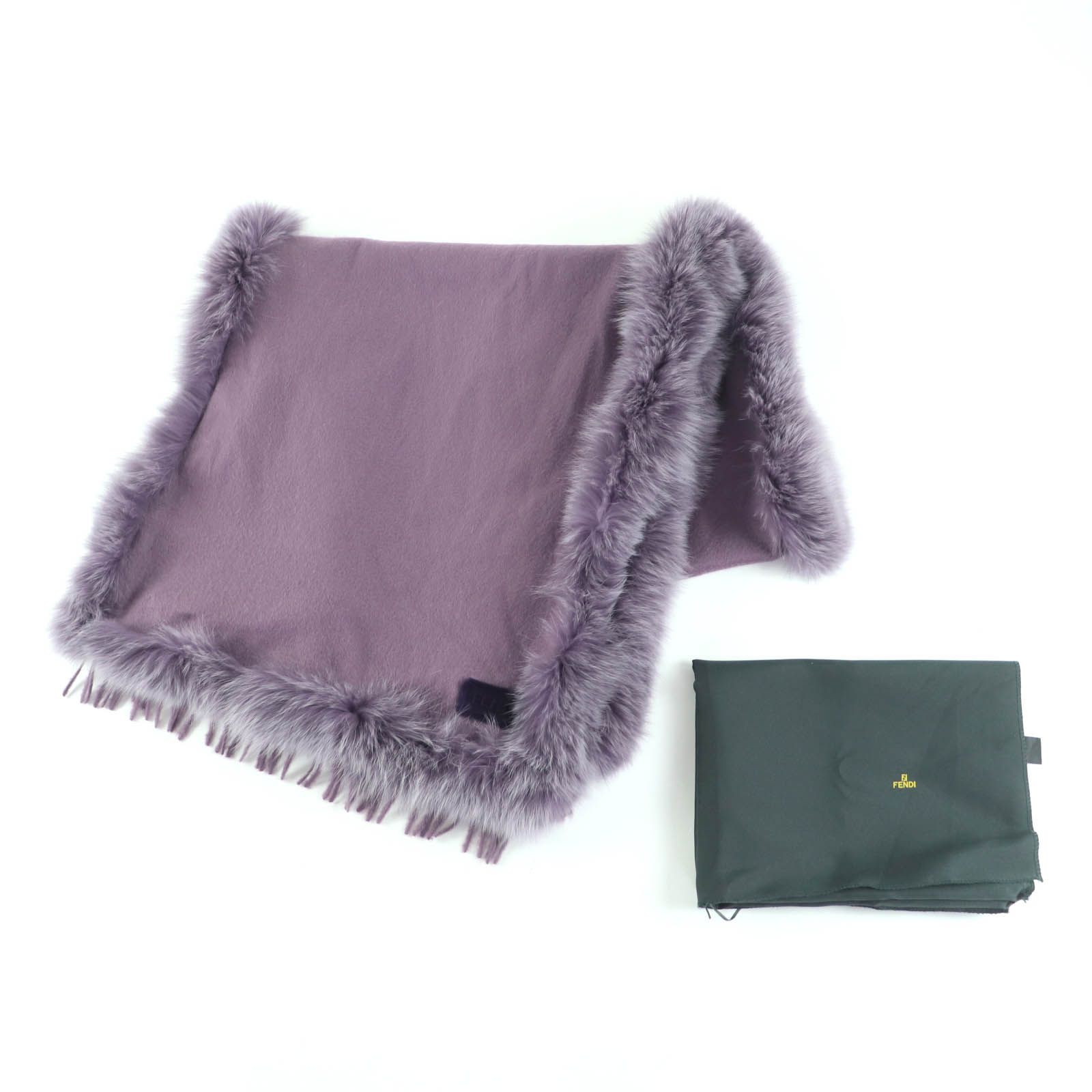 FENDI フェンディ カシミヤ ロゴワッペン付 FOXファートリミング フリンジ付 大判 ショール ストール パープル 保存袋付き イタリア製 レディース