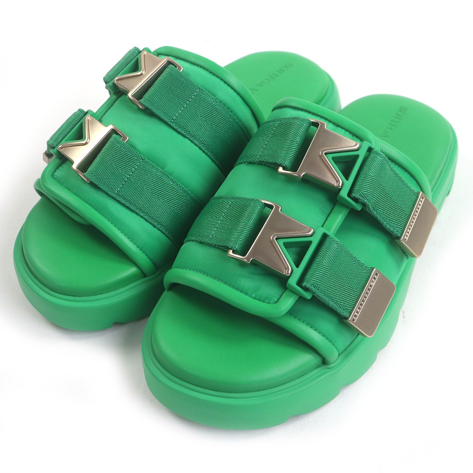 BOTTEGAVENETA ボッテガヴェネタ 690034 Flash レザー ダブルベルト スライドサンダル シャワーサンダル グリーン 41 保存袋付き イタリア製 メンズ
