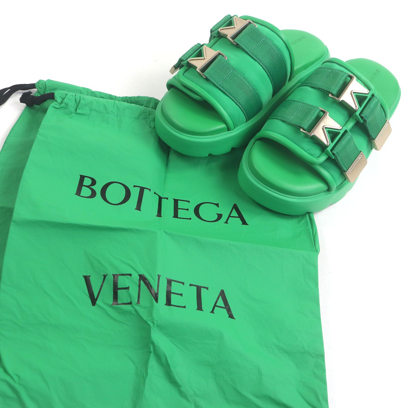 BOTTEGAVENETA ボッテガヴェネタ 690034 Flash レザー ダブルベルト スライドサンダル シャワーサンダル グリーン 41 保存袋付き イタリア製 メンズ