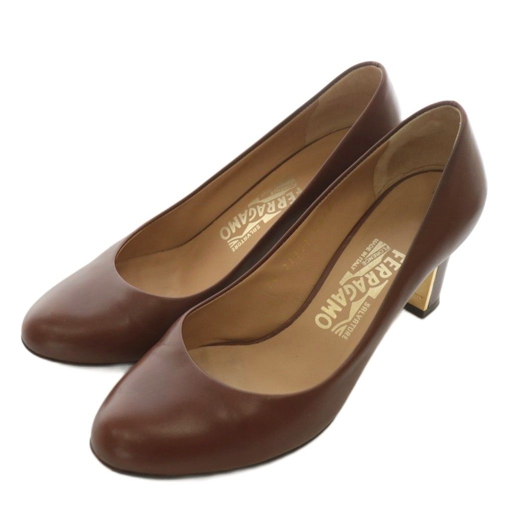 サルヴァトーレフェラガモ Salvatore Ferragamo パンプス レザー ラウンドトゥ ヒール 5.5 22.5cm 茶色 ブラウン ゴールド色 XZ GY19